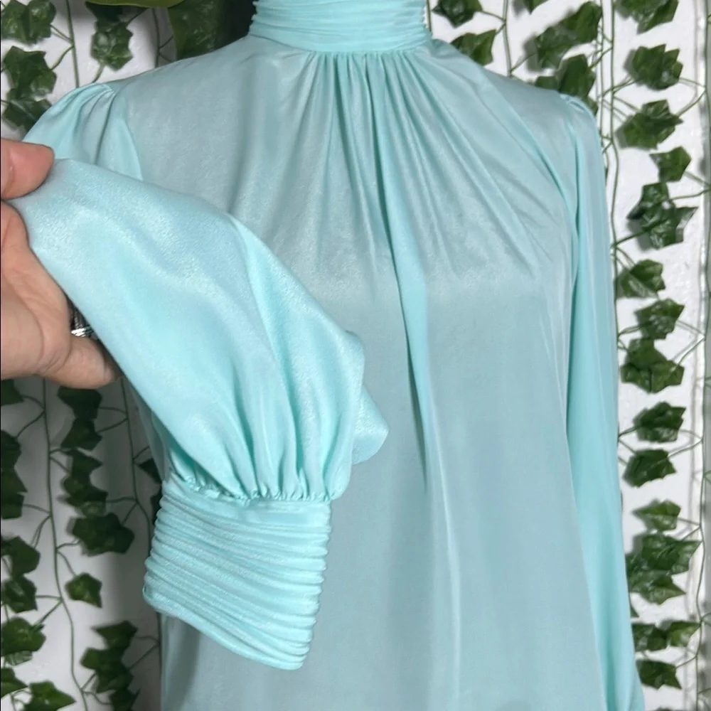 HELENE ST MARIE Green Pleated Long Sleeve Blouse with Mandarin Collar